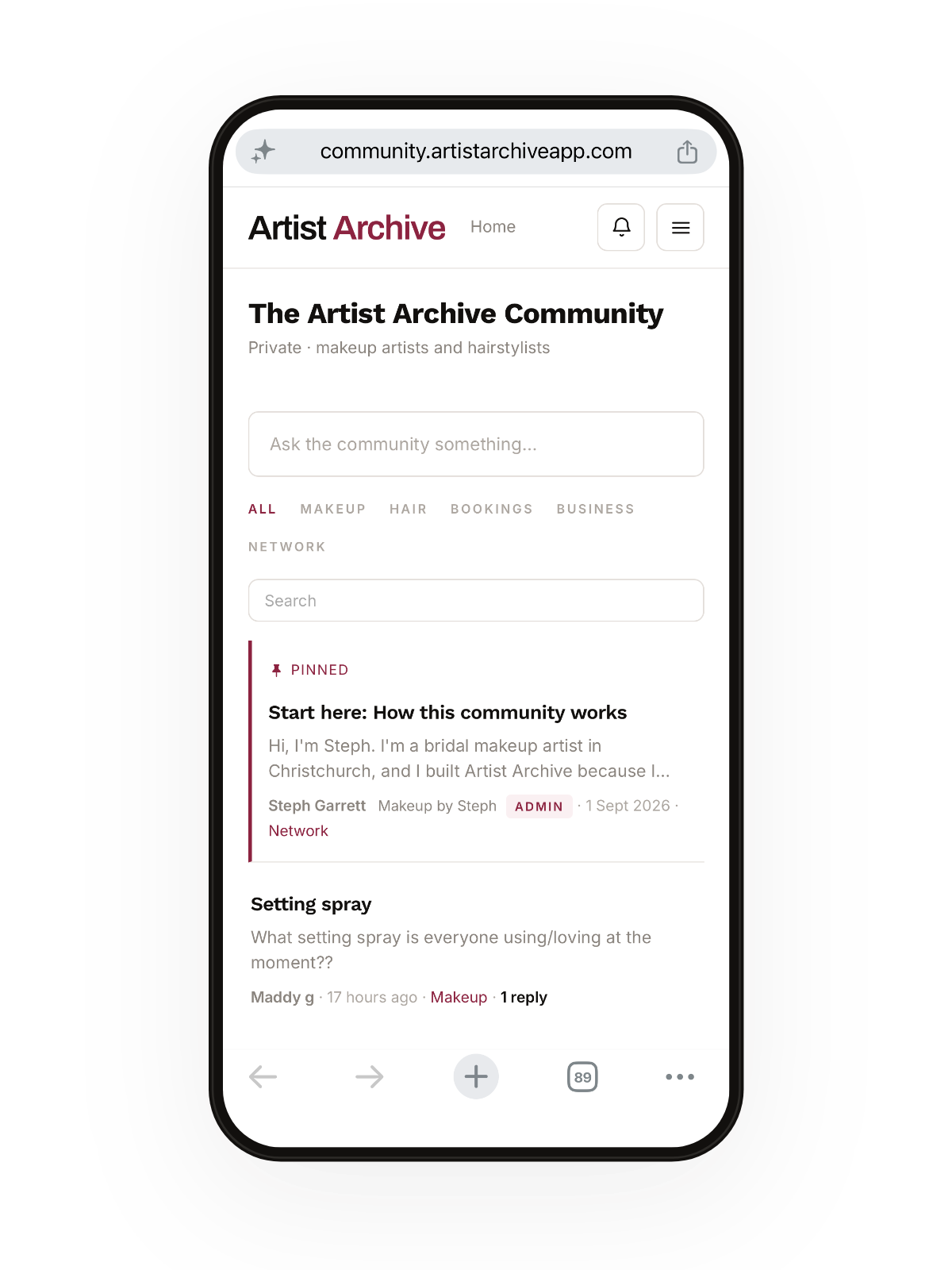 The Artist Archive community board, showing threads from other artists.